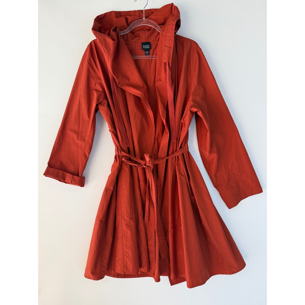 Eileen Fisher Hooded Wrap Coat Womens L Orange Cotton Nylon Belted Pockets